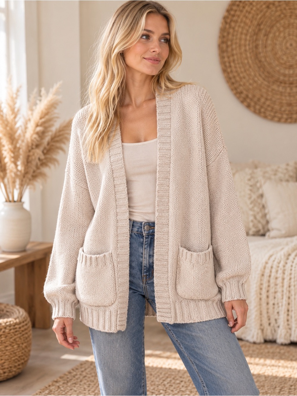 American Eagle Outfitters Cream Open-Front Knit Cardigan